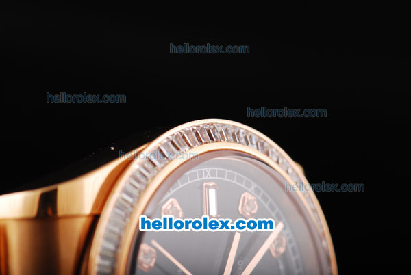 Rolex Day-Date Swiss ETA 2836 Automatic Movement Full Rose Gold Case/Strap with Black Dial and Diamond Bezel/Hour Marker - Click Image to Close
